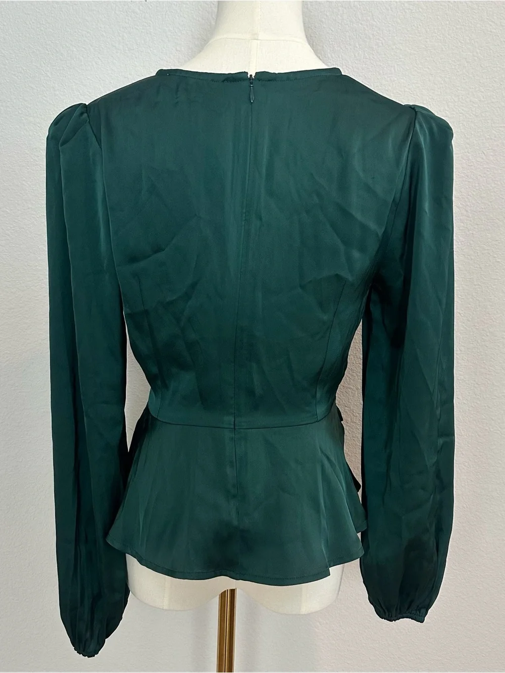NWT ASTR The Label Forest Green Faux Wrap Satin Blouse Medium Puff Sleeve